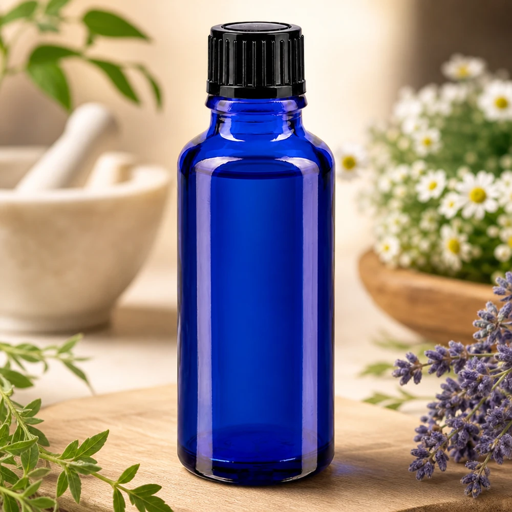Botella de farmacia azul 30ml tapón rosca negro estándar Frasco de cristal azul de 30 ml con tapón negro de 11 mm, rodeado de flores de manzanilla y hierbas