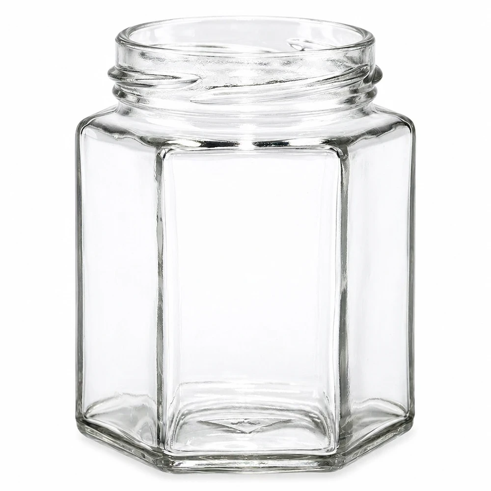 Tarro hexa 196ml sin tapa (TO58) UNiTWIST Tarro de rosca hexagonal 196ml rosca TO82 transparente vacío sin tapa para mermelada y miel