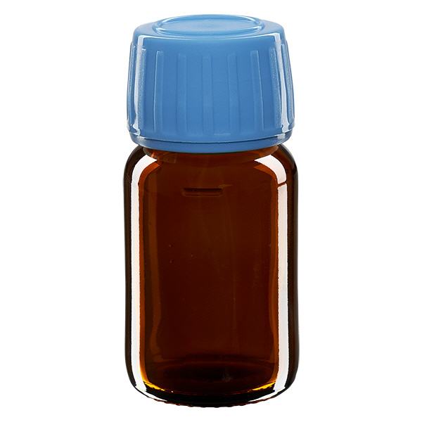 Frasco medicamento 30ml marrón, tapón azul con precinto de seguridad ApoGlas Frasco medicamento 30ml marrón, tapón azul con precinto de seguridad ApoGlas