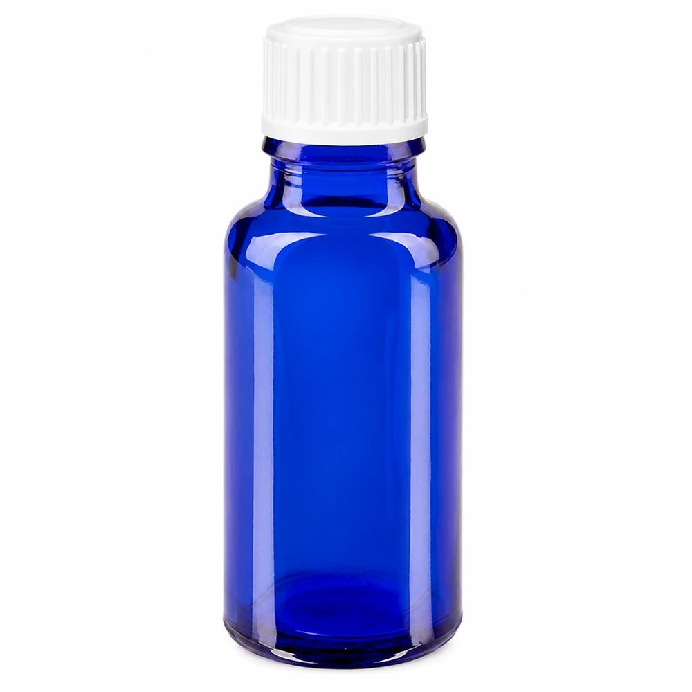 Botella de farmacia azul 20ml tapón de rosca blanco glóbulos estándar Frasco de cristal azul de 20 ml con tapón de rosca blanco para farmacias y laboratorios