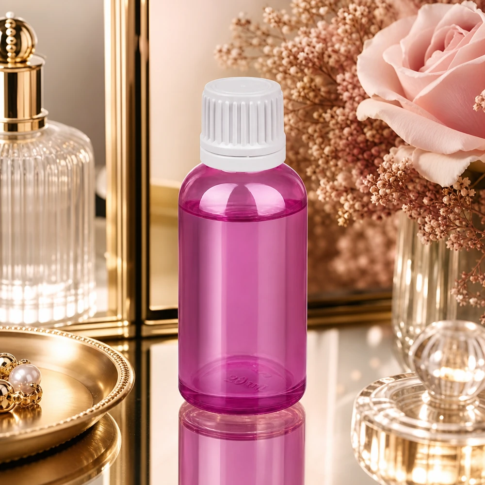 Frasco de 30 ml con abertura de 11 mm en color violeta para dosificar con precisión los aceites y esencias de cuidado