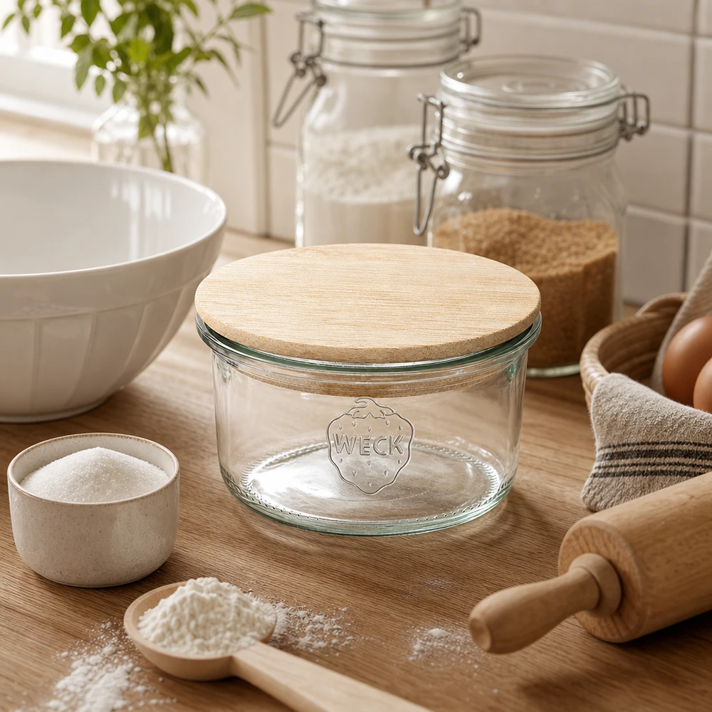 Vaso de 165ml WECK RR80 con tapa de madera WECK RR80 Tarro de 165 ml con tapa de bambú en una escena de cocina natural con ingredientes para hornear y utensilios de madera