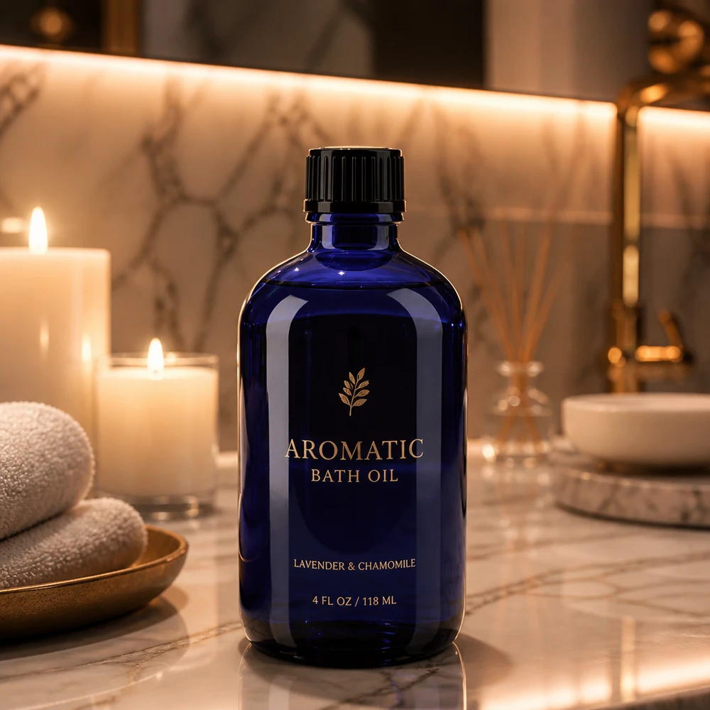Frasco de cristal azul de 100 ml con tapón cuentagotas negro para aceites esenciales y productos aromáticos
