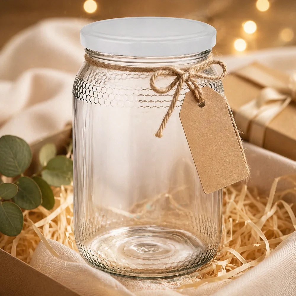 Tarro de miel vacío de 900 ml con tapa blanca BasicSeal y etiqueta de regalo en envase de regalo rústico
