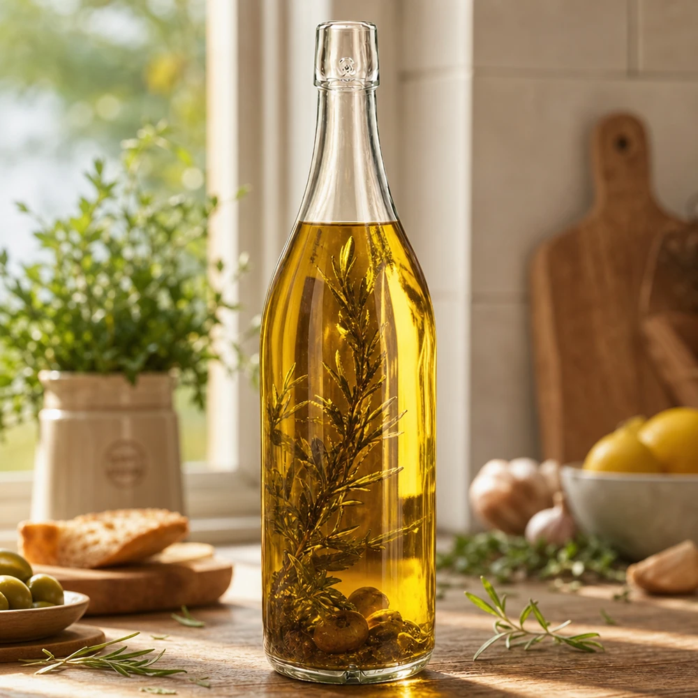 Botella de vidrio 1000ml UNiTWIST llena de aceite de oliva hierbas Escena de cocina Ejemplo de aplicación Tapón de rosca