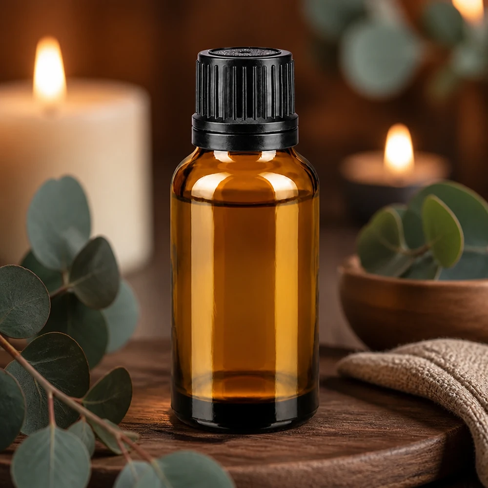 Botella de farmacia marrón 20ml tapón cuentagotas anillo vertedor 1mm tapón inviolable negro Frasco de cristal marrón de 20 ml con tapón cuentagotas negro, sobre una base de madera con eucalipto y velas