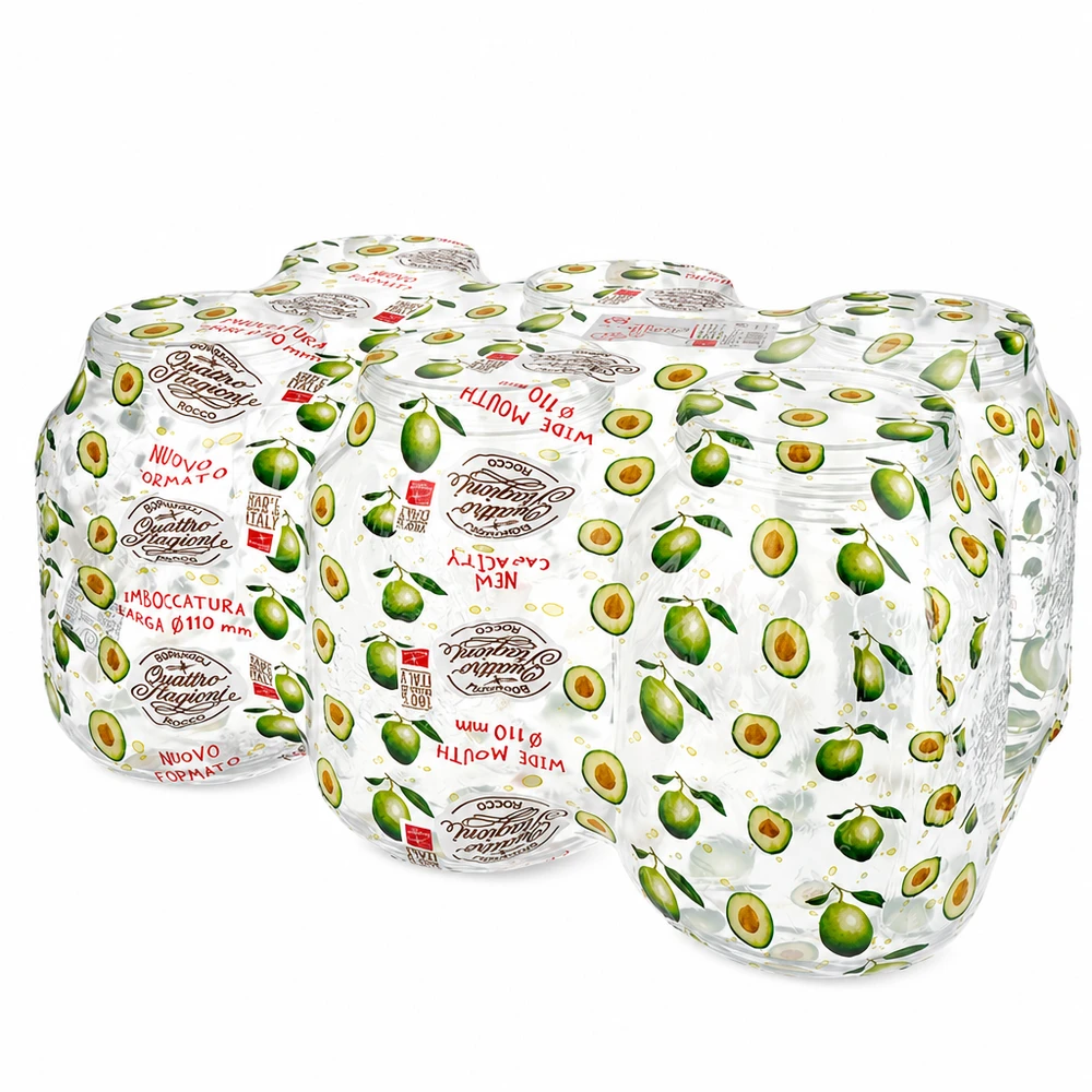 Tarro redondo "Quattro Stagioni" de 3000 ml con tapa Los vasos redondos Quattro Stagioni de 3000 ml apilados con etiquetas con motivos de aceitunas muestran las variaciones de tamaño y diseño