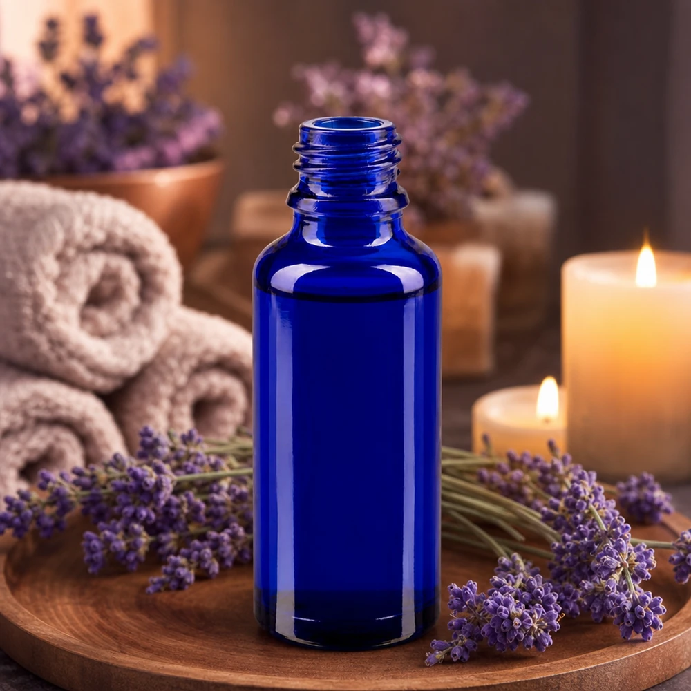 Pequeño frasco de farmacia ApoGlas de 30 ml, de color azul intenso, junto a unas flores frescas de lavanda
