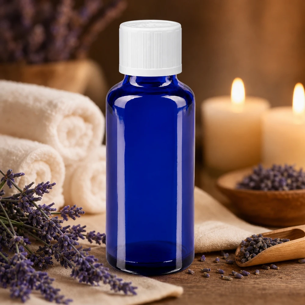 Frasco de cristal azul de 30 ml con gotero, rodeado de flores de lavanda y velas para aromaterapia