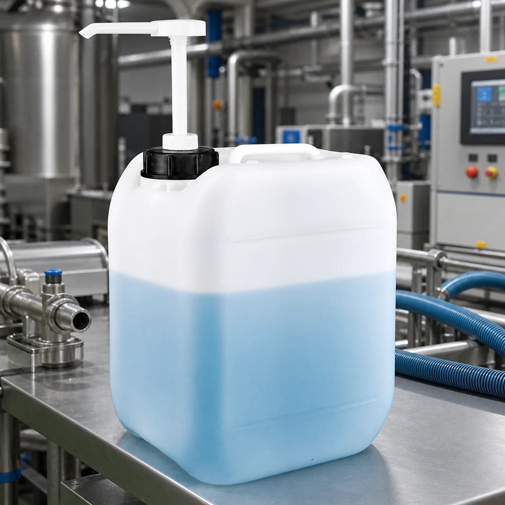 Bidón transparente de 5 litros con líquido azul y bomba dosificadora blanca en una planta de producción industrial