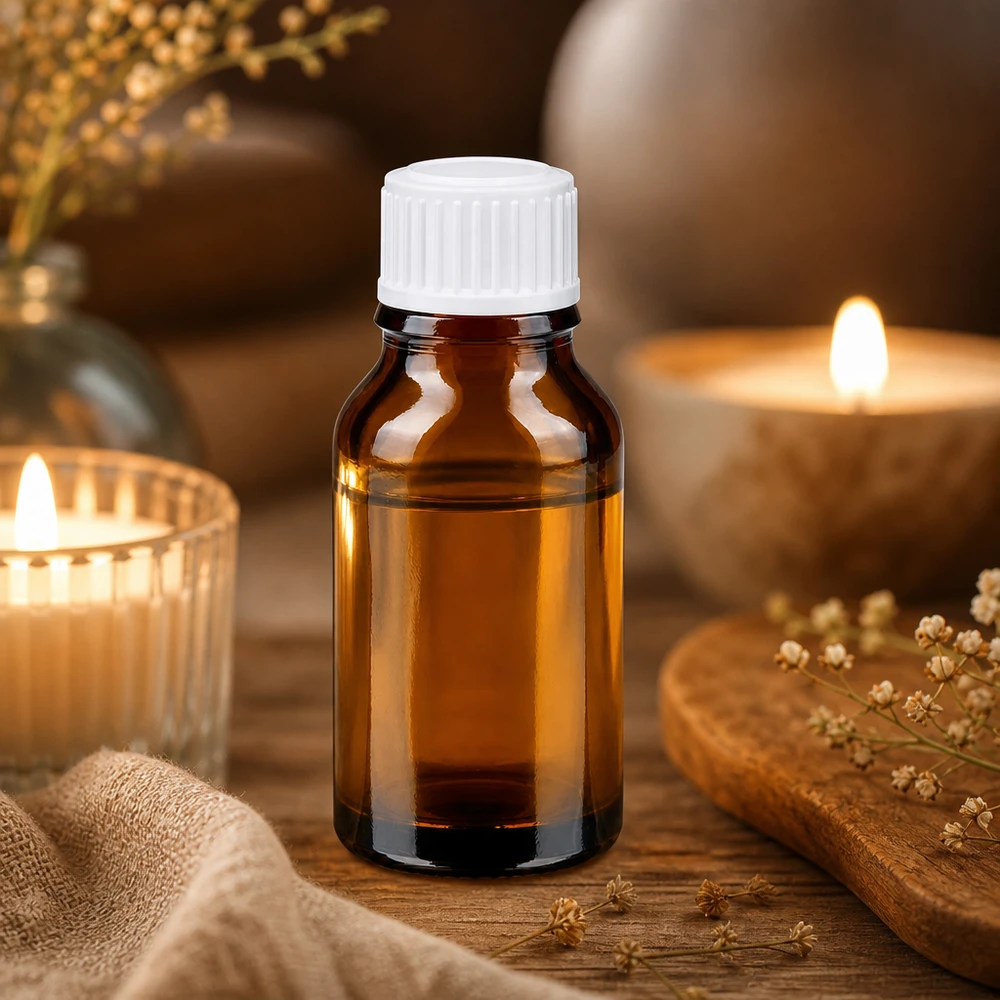 Botella de cristal de color ámbar de 15 ml con tapón de rosca blanco sobre una superficie de madera con velas