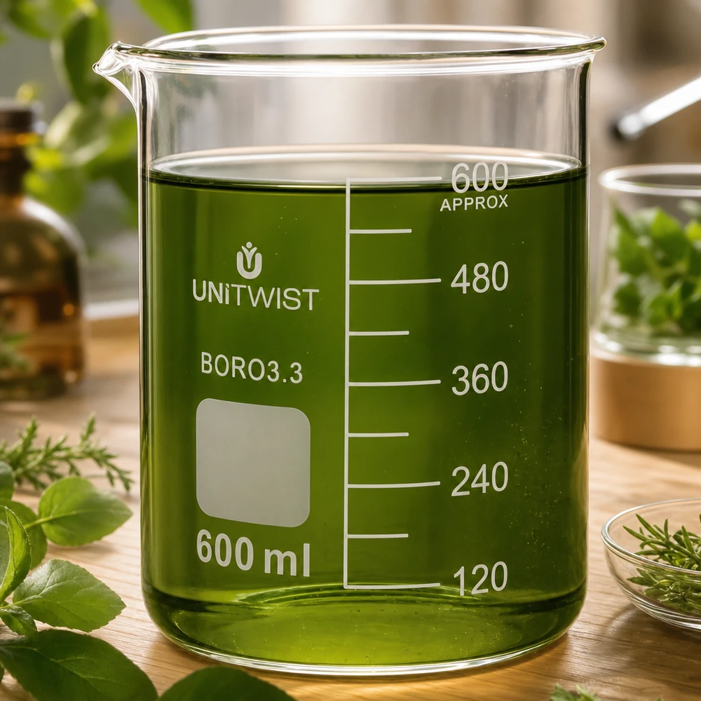 Vaso 600 ml borosilicato, molde bajo UNiTWIST Vaso de cristal UNiTWIST de 600 ml lleno de un líquido verde a base de hierbas y rodeado de hierbas frescas