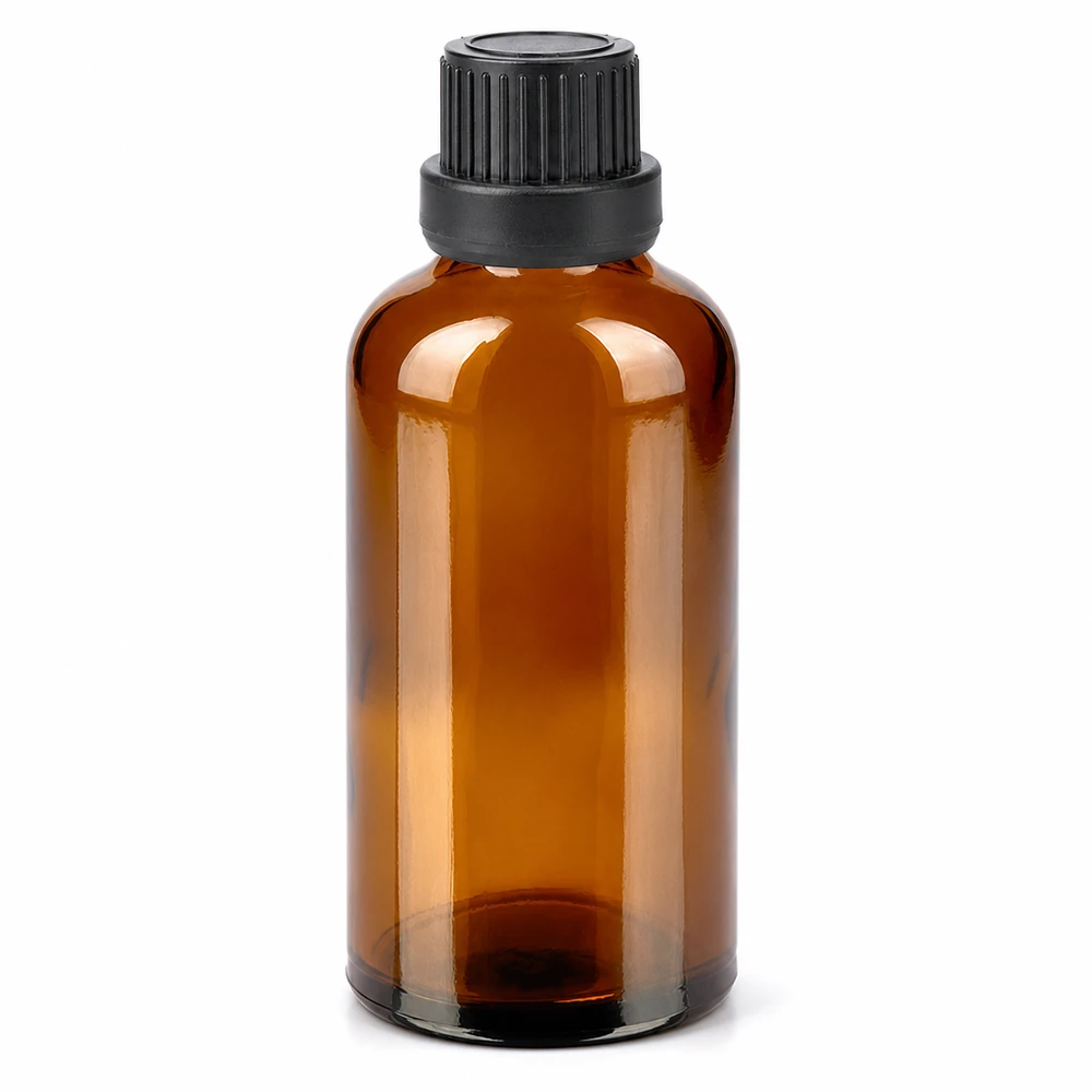 Frasco de vidrio ámbar de 50 ml con tapón de rosca negro para aceites esenciales y cosméticos
