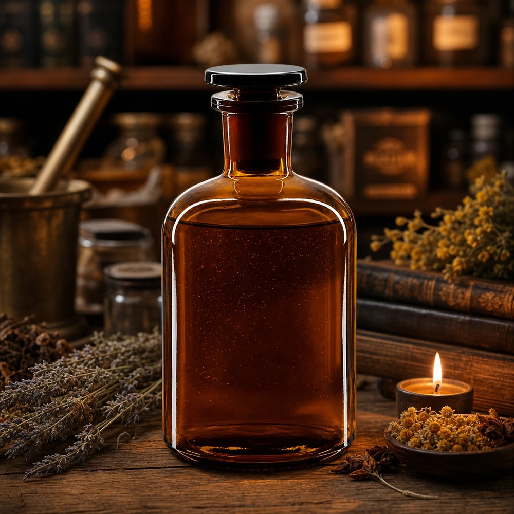 Frasco de farmacia de 250 ml, de color marrón, con cuello estrecho y tapón de cristal, para tinturas de hierbas y aceites