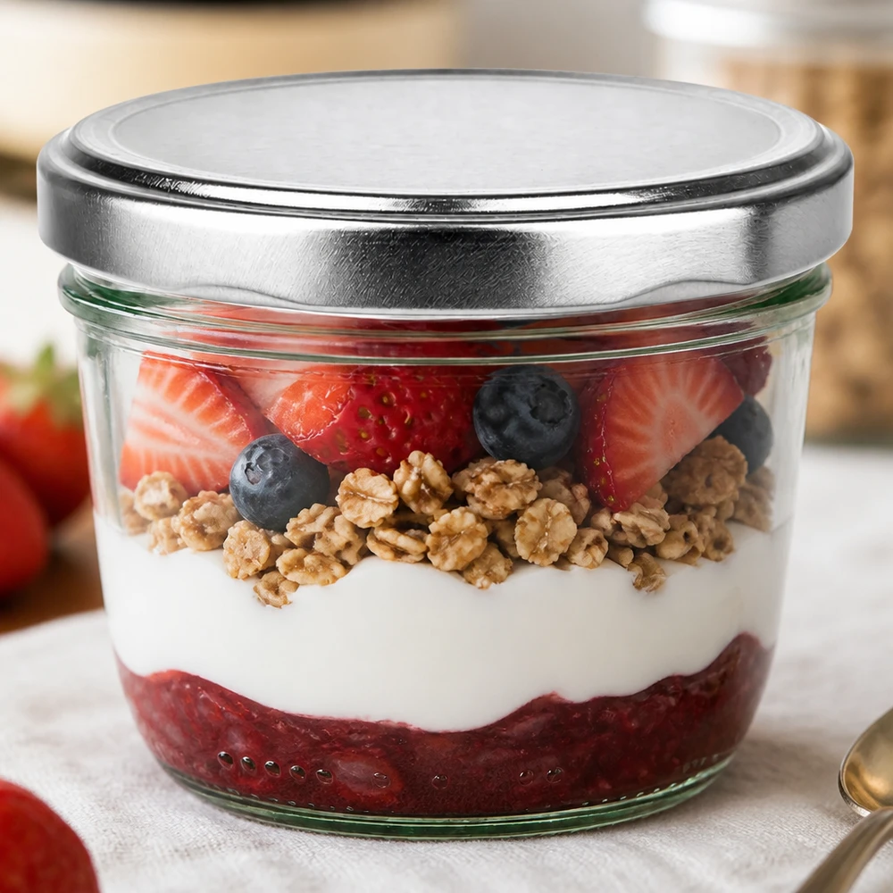 Vasos de 230 ml con tapa plateada BasicSeal rellenos de frutos secos con yogur como postre en tarro Ejemplo de uso