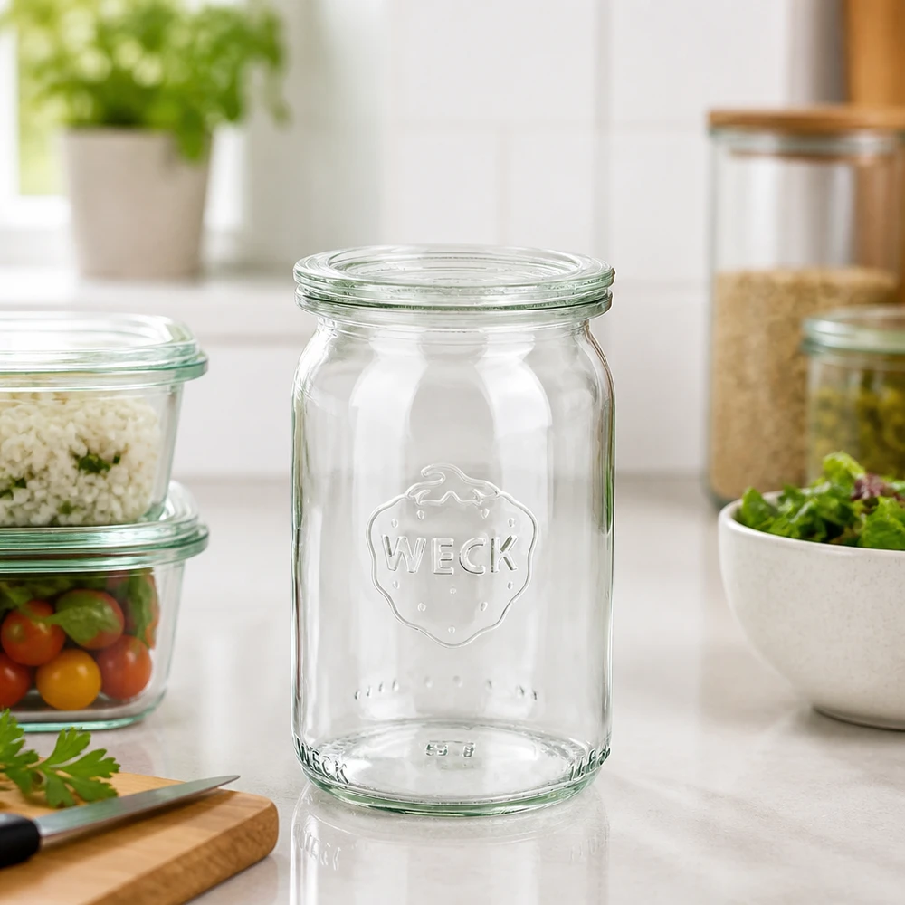 Tarro cilíndrico RR40 de 145 ml de WECK vacío sobre la encimera de la cocina con tarros de almacenamiento y hierbas frescas al fondo.