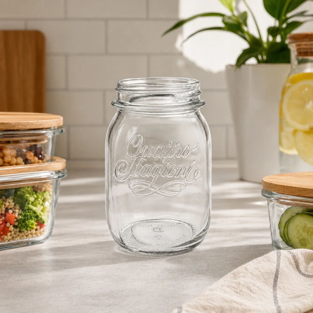 Tarro redondo de 500ml "Quattro Stagioni" QS70mm Tarro doméstico Quattro Stagioni de 500 ml sin tapa sobre la encimera de la cocina con otros tarros de almacenaje al fondo