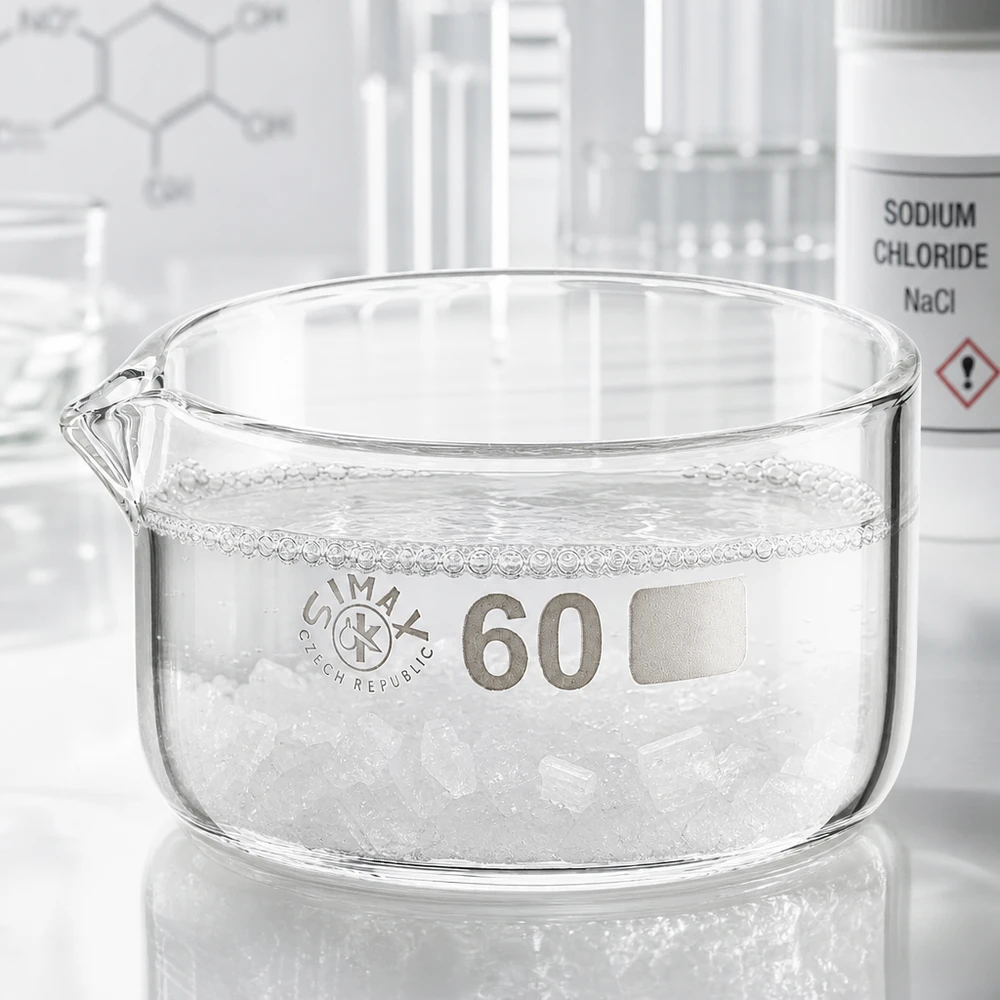 60ml cristalizador con pico de borosilicato ø60mm Recipiente de cristalización de 60 ml con cristales de cloruro de sodio. Recipiente de vidrio de laboratorio, diseño plano, con pico vertedor.