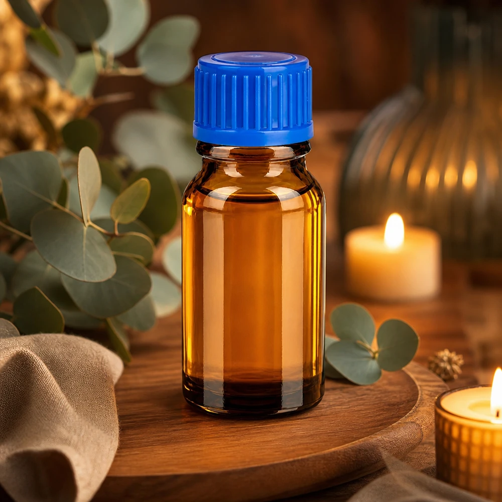Frasco boticario de 10 ml de vidrio ámbar con tapón azul para sustancias fotosensibles