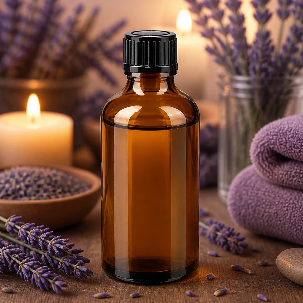 Botella de farmacia marrón 50ml tapón de rosca negro estándar Frasco de farmacia marrón de 50 ml con tapón de rosca negro, junto a flores de lavanda y velas