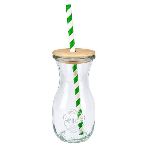Botella de zumo WECK de 290 ml con tapa de madera natural y pajita ecológica verde y blanca de una sola vista vaso para beber