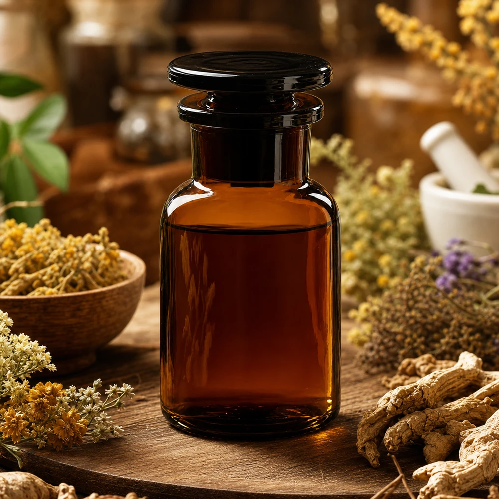 Frasco de farmacia clásico de 100 ml, de color marrón, con cuello ancho y tapón de cristal, rodeado de hierbas medicinales