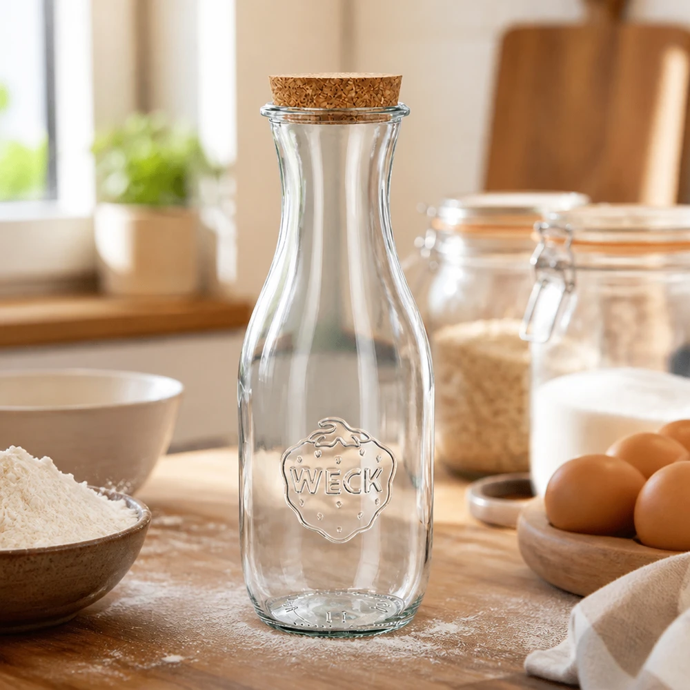1062ml botella de zumo WECK RR60 con corcho natural Botella de cristal WECK 1062ml RR60 con corcho sobre encimera de madera entre ingredientes de repostería como harina y huevos en una cocina de color claro