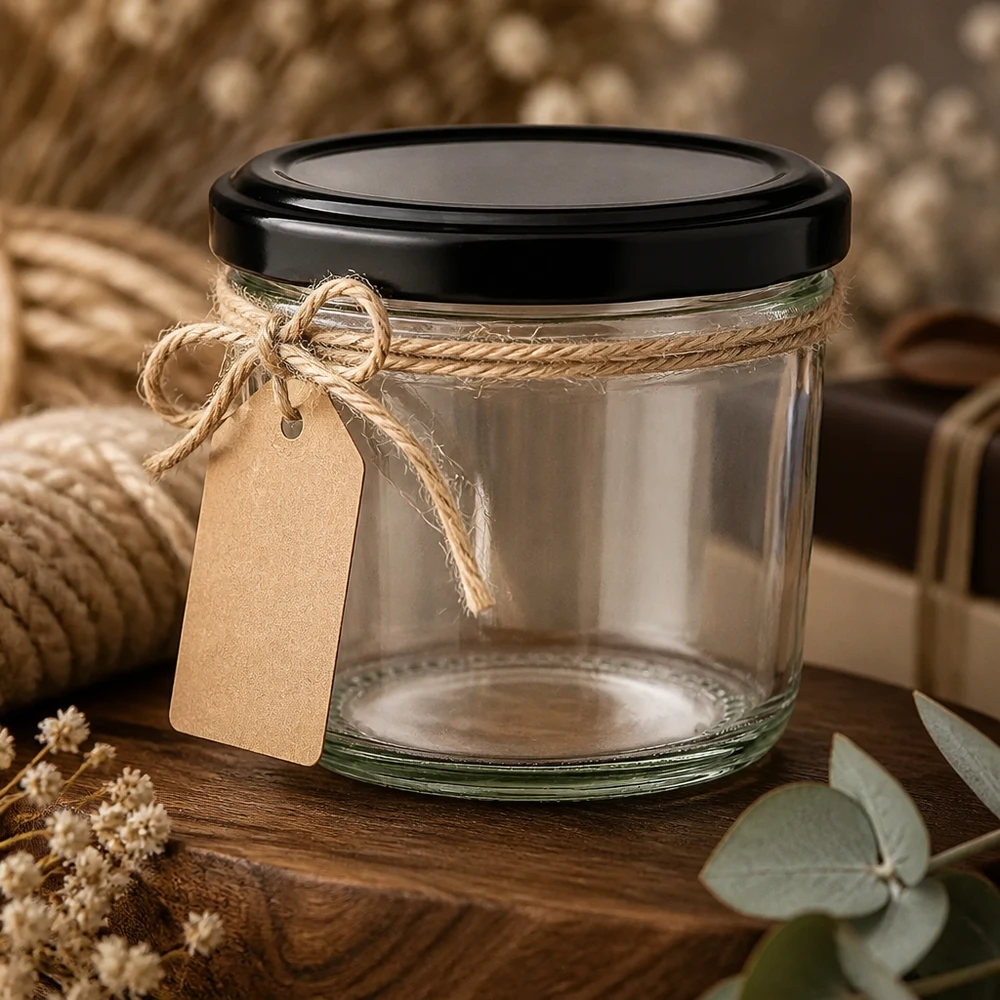 Vasos de 230 ml con tapa negra y lazo de yute como envoltorio de regalo sobre un fondo de madera rústica