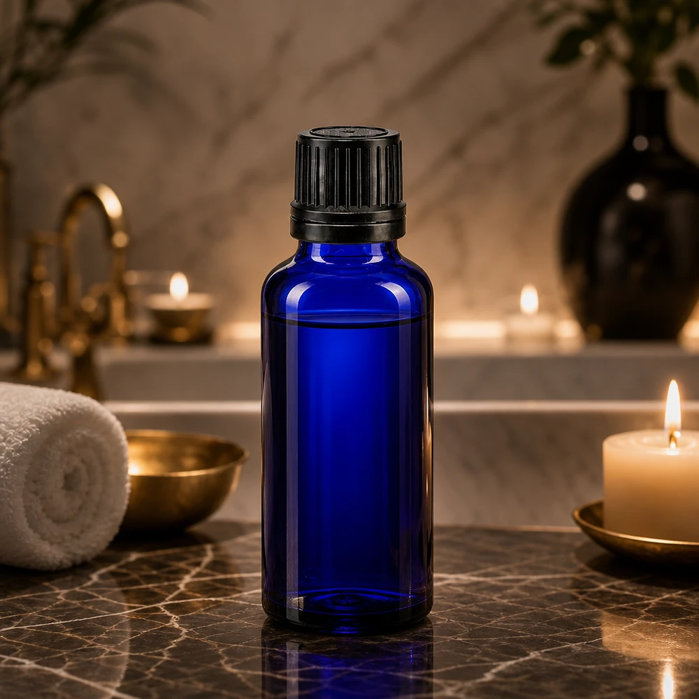 Frasco de farmacia azul cobalto de 30 ml con tapón de rosca original sobre mármol oscuro en un ambiente de spa