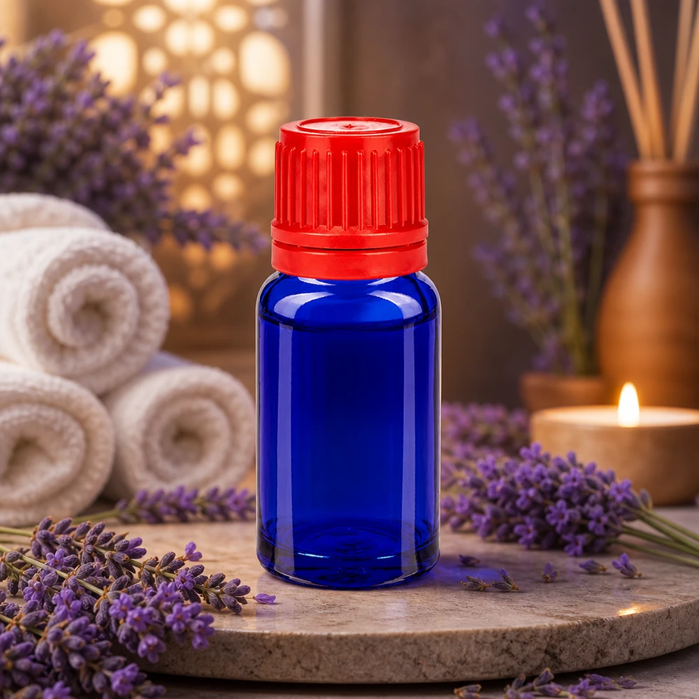 Frasco 10ml 11mm tapón rosca rojo con precinto BlueLine UT18/10 Pequeño frasco de aromaterapia de 10 ml azul con tapón de goteo rojo para aceite de lavanda y bienestar