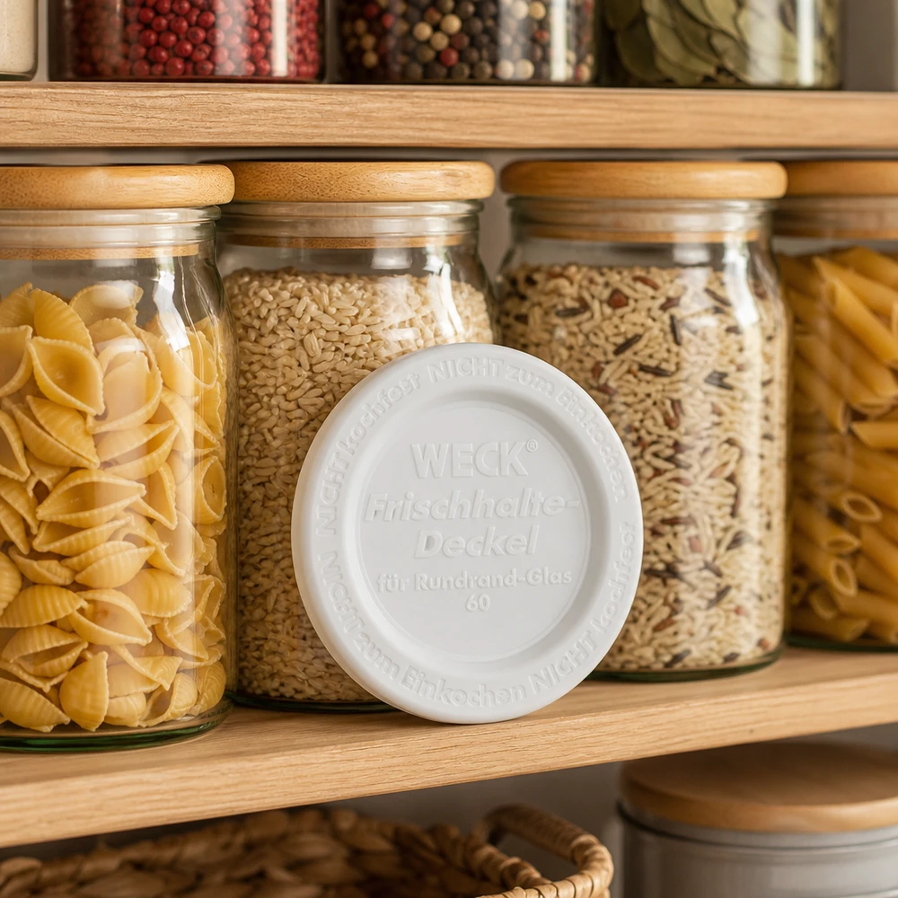 Tapa para conservas WECK RR60 WECK Keep Fresh tapa RR60 Estante de cocina Tarros de almacenamiento Pasta Cereales Almacenamiento organizado en la despensa