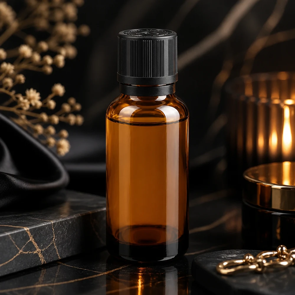 Botella de farmacia marrón 20ml tapón cuentagotas anillo vertedor 1mm negro cierre de seguridad para niños símbolo de advertencia ciego tapón con precinto de seguridad Frasco de farmacia de vidrio ámbar de 20 ml con dosificador de gotas de 1 mm sobre mármol negro, en una elegante presentación
