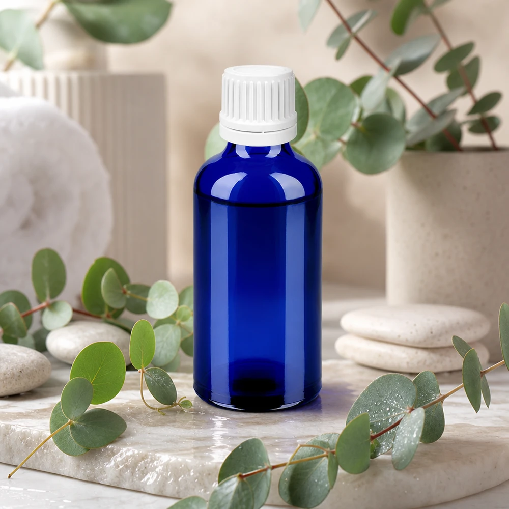 Pequeño frasco cuentagotas de 50 ml en elegante azul cobalto con un preciso inserto cuentagotas BlueLine UT18/50 de 0,7 mm