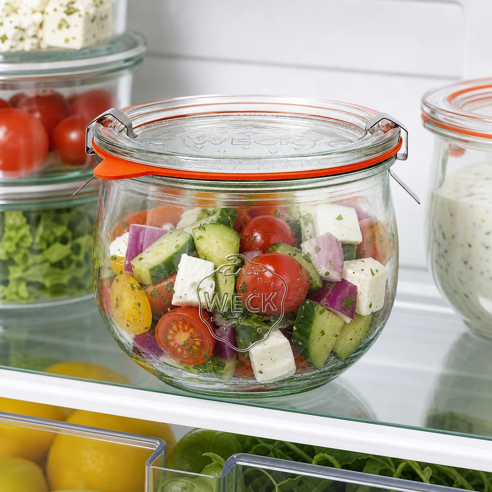 Tarro de tulipán de 580 ml completo WECK RR100 WECK tarro tulipán 580ml RR100 con ensalada de colores en la nevera, práctico almacenamiento de ingredientes frescos para la preparación de comidas
