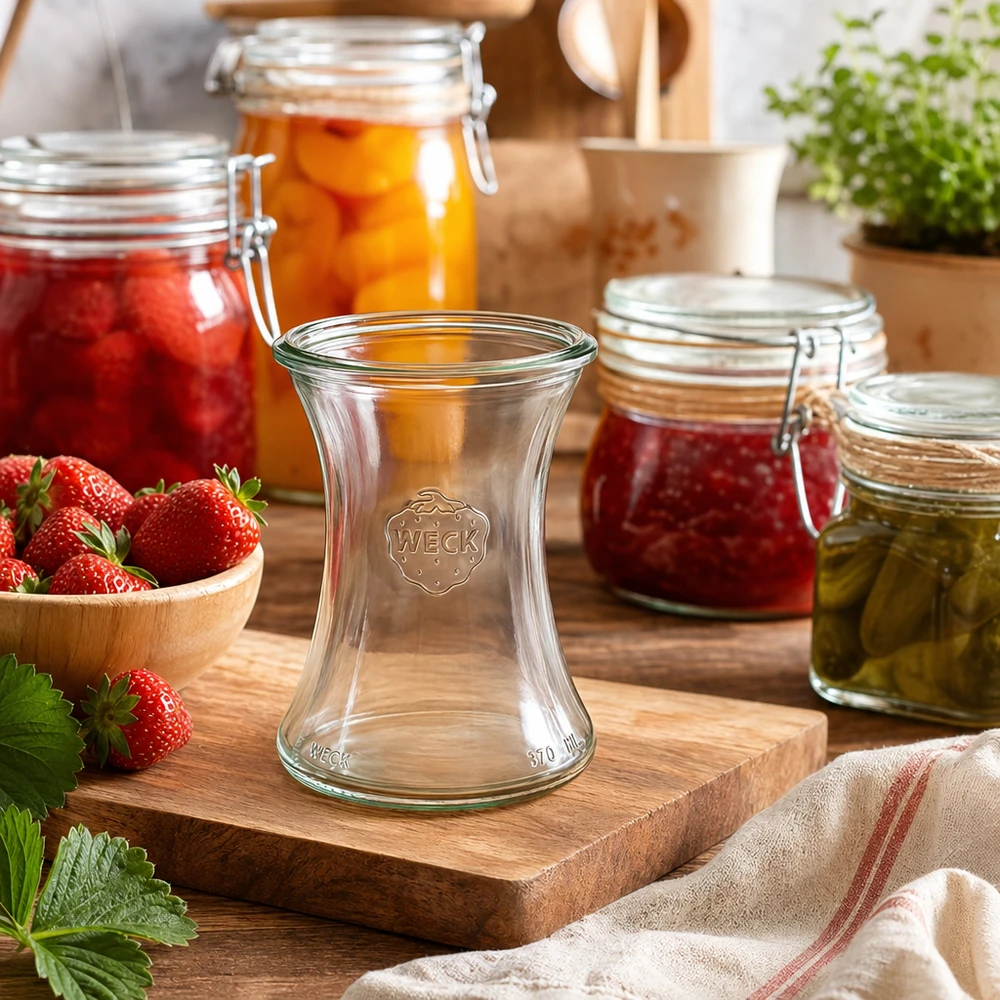 WECK RR80 tarro delicatessen 370ml en set de cocina con tarros de conserva, fresas y tabla de madera como decoración
