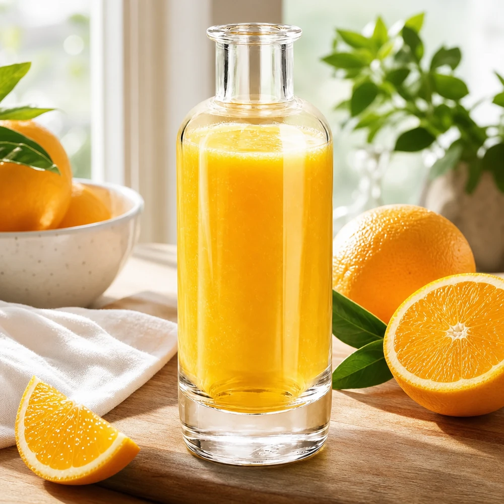 Botella de cristal de 200 ml Ella llena de zumo de naranja rodeado de naranjas frescas muestra bebidas de frutas naturales Aplicación