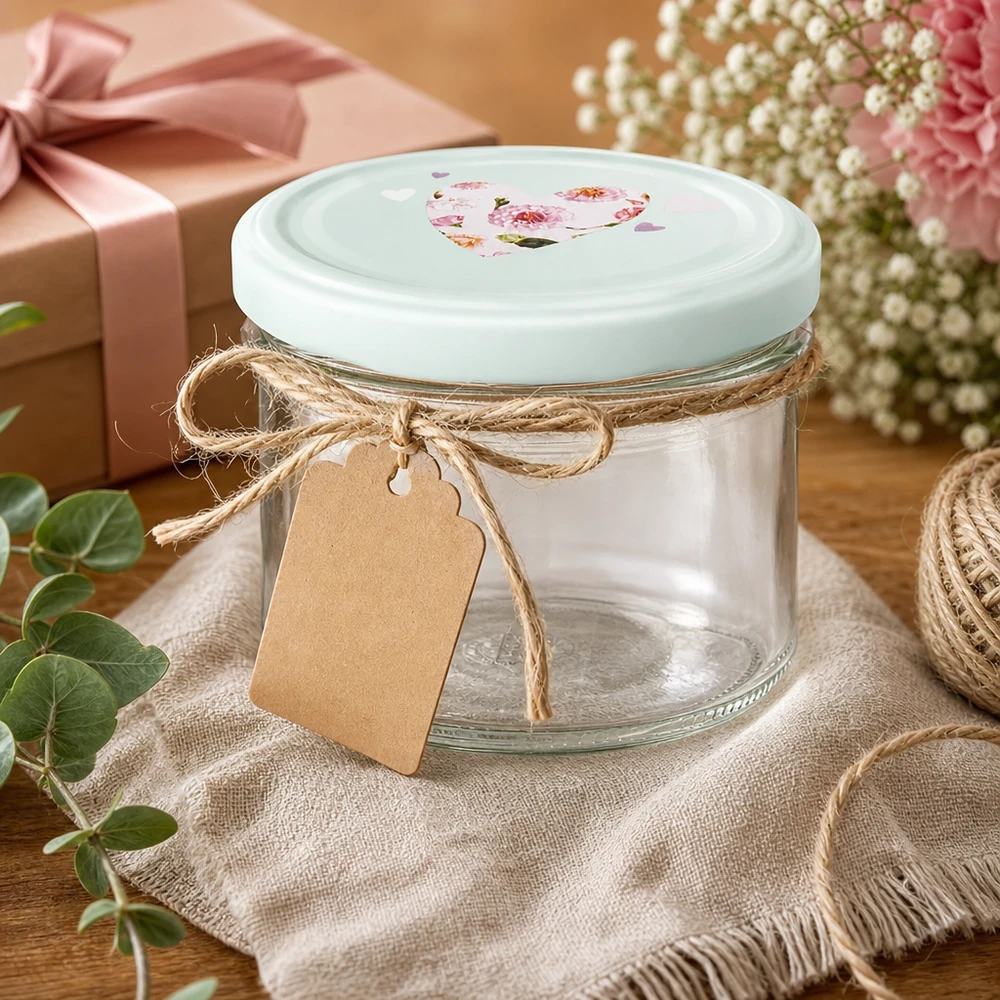 Vasos de 225 ml menta BasicSeal tapa corazón como idea de regalo decorados con cordón de yute y colgante