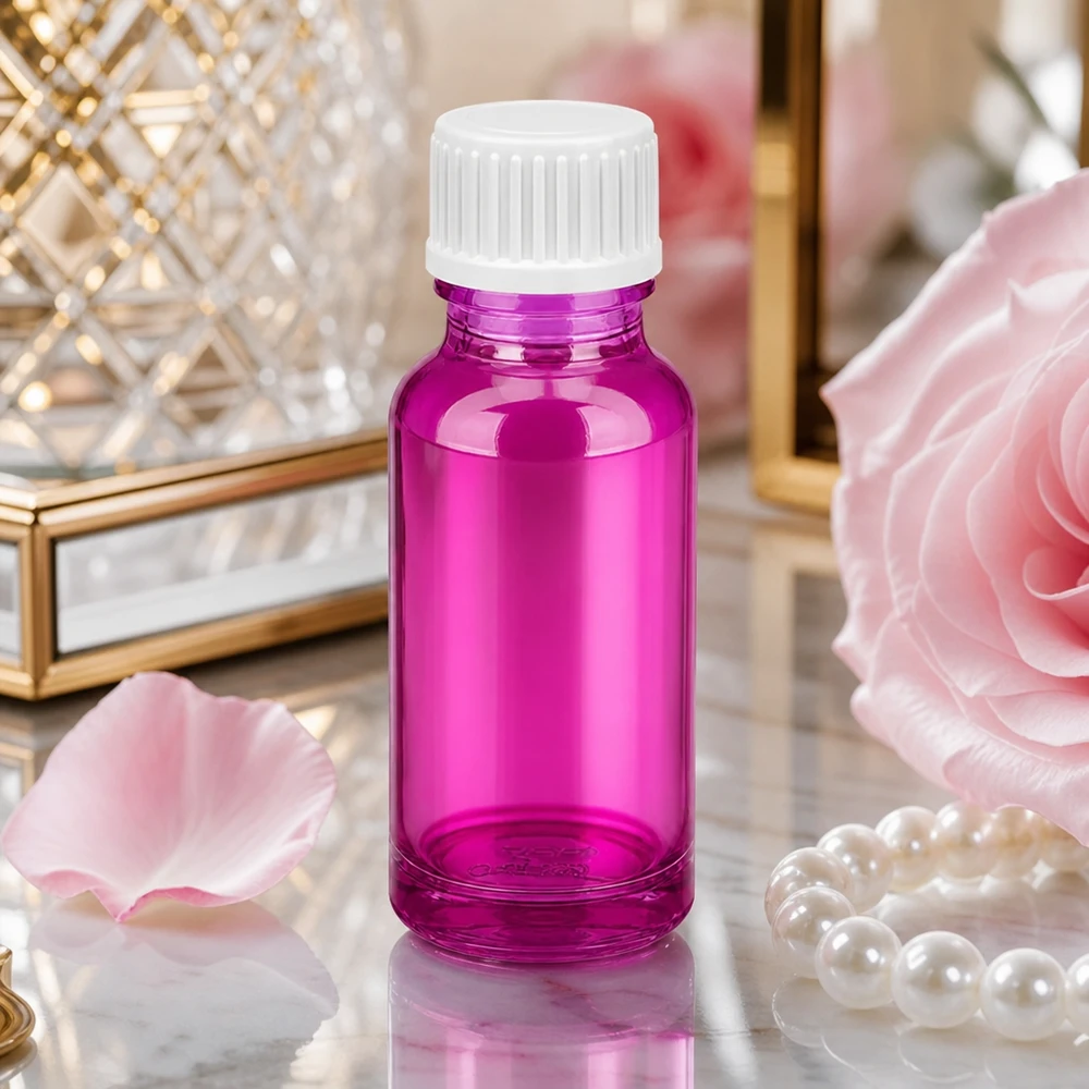 Elegante frasco cuentagotas de 20 ml en violeta brillante con tapón de rosca blanco para aromaterapia