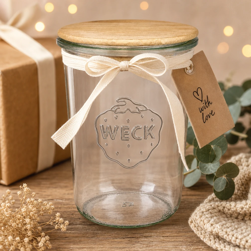 WECK vasos 850ml RR100 tapa de madera caja de regalo con etiqueta de lazo Decoración festiva Navidad
