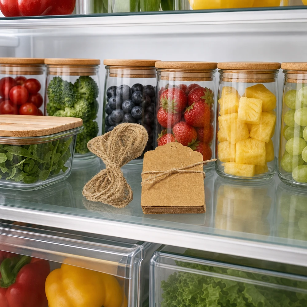 Colgantes de 30 x 50 mm con cordón (paquete(s) de 10 unidades) Braune Geschenkanhänger mit Kordel im Kühlschrank neben Vorratsgläsern mit Obst für praktische Lebensmittel-Organisation