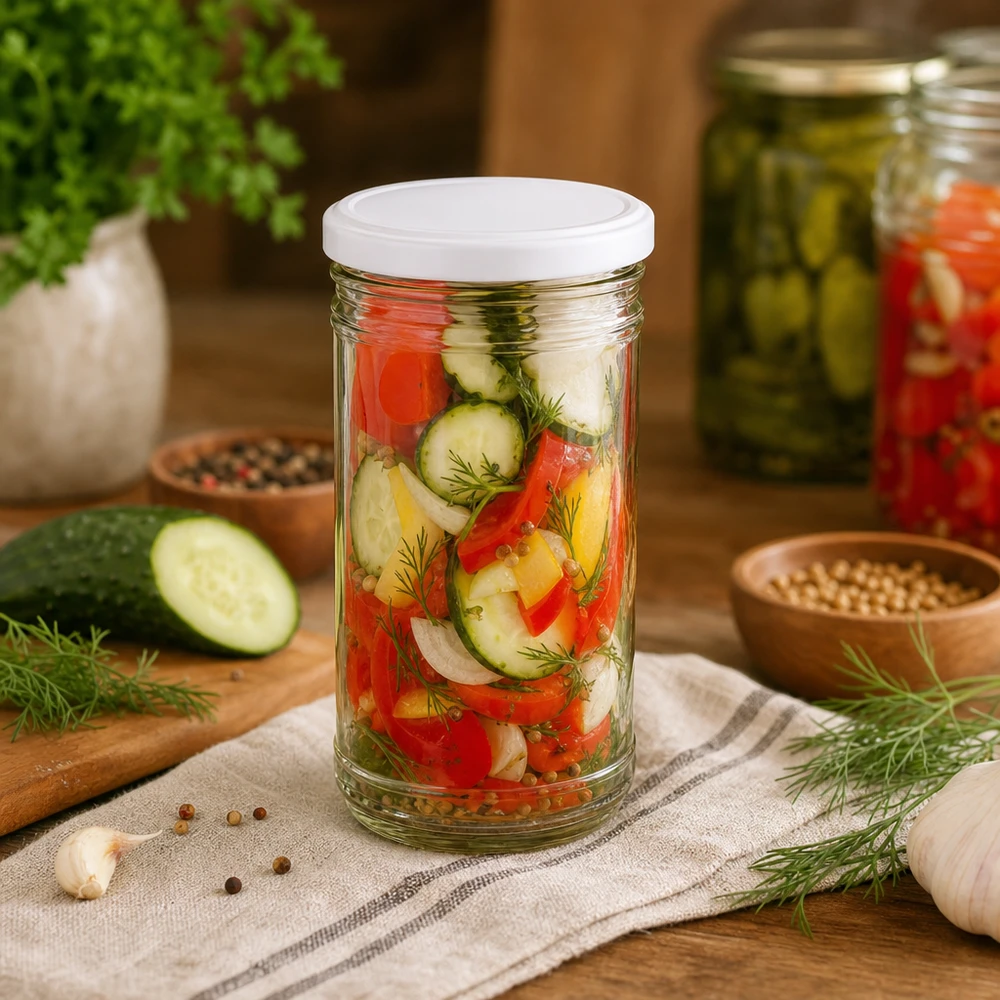 Vaso de 1053ml con tapa BasicSeal blanco UNiTWIST Vaso de 1053 ml con mezcla de verduras en escabeche pepinos pimientos cebollas eneldo muestra su uso versátil como tarro de conserva