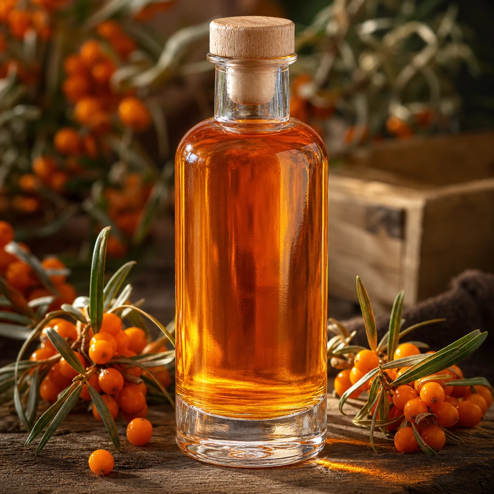Botella de vidrio de 200 ml «Ella» con tapón de corcho con asa de madera UNiTWIST® Botella de cristal Ella de 200 ml con tapón de madera rellena de aceite de espino amarillo de color naranja entre ramitas frescas de espino amarillo