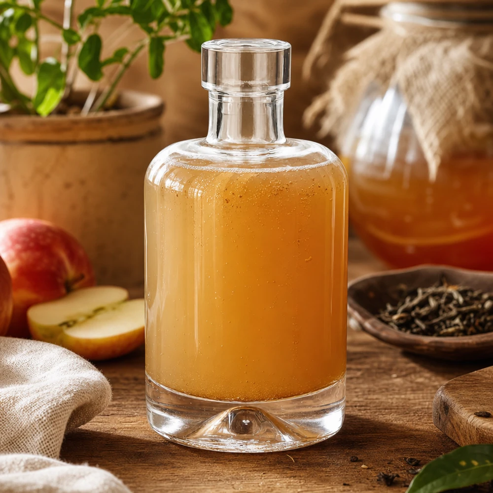 Botella de vidrio de 50 ml «50ml Glasflasche "Amelie" ohne Verschluss UNiTWIST» sin tapón UNiTWIST® Botella de cristal de 50 ml de Amelie llena de vinagre de sidra de manzana junto a rodajas de manzana y especias muestra el uso para vinagre y vinagreta