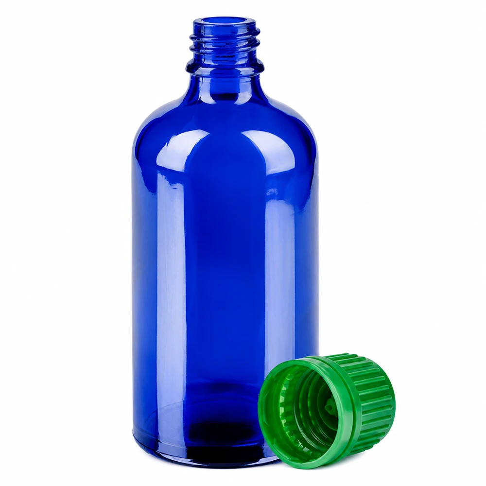 Botella 100ml 11mm tapón rosca verde precinto BlueLine UT18/100 Frasco para medicamentos de 100 ml azul con tapón verde abertura de 11 mm para aplicaciones farmacéuticas