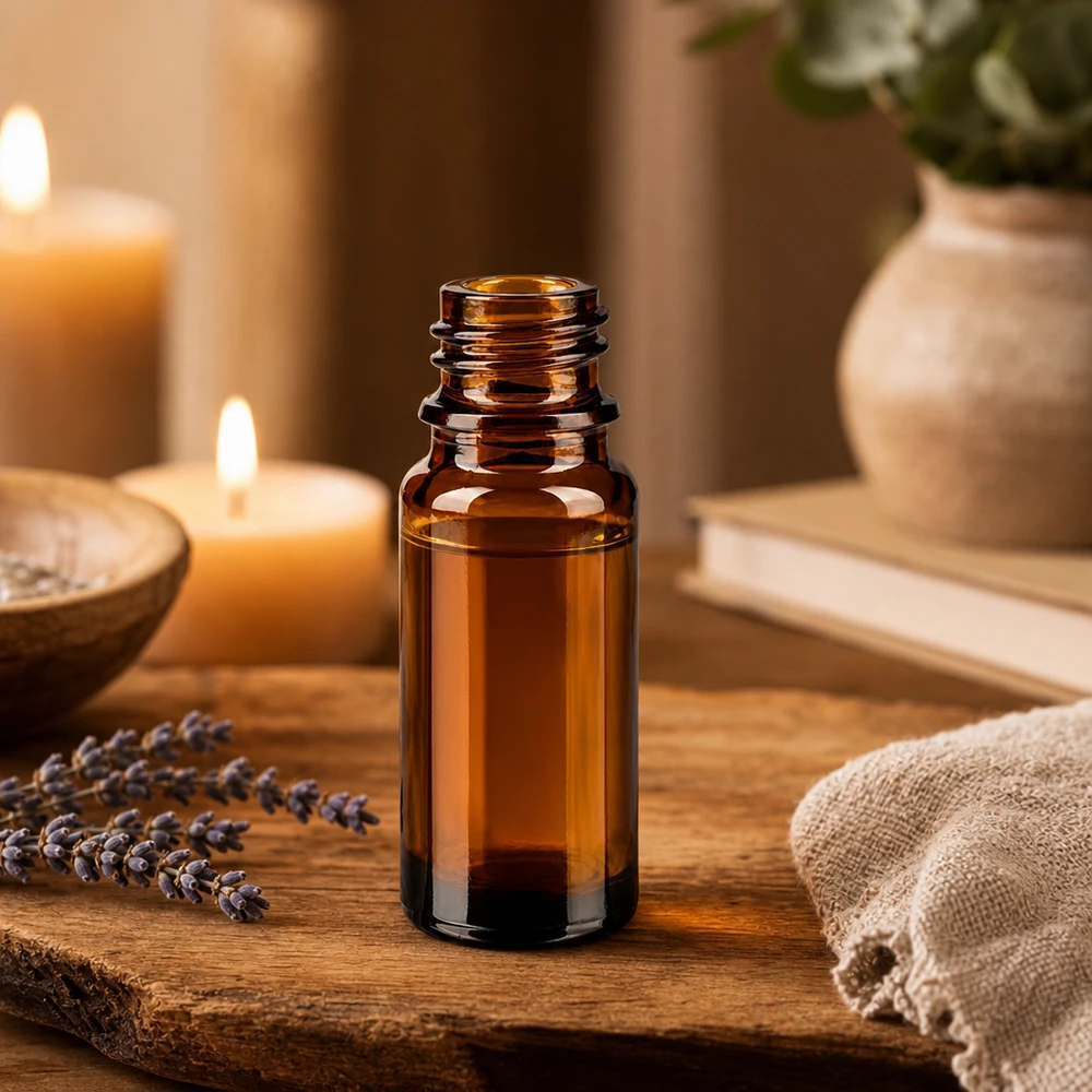 Frasco de farmacia ApoGlas marrón de 10 ml con velas de flores de lavanda y accesorios de aromaterapia en bandeja de madera