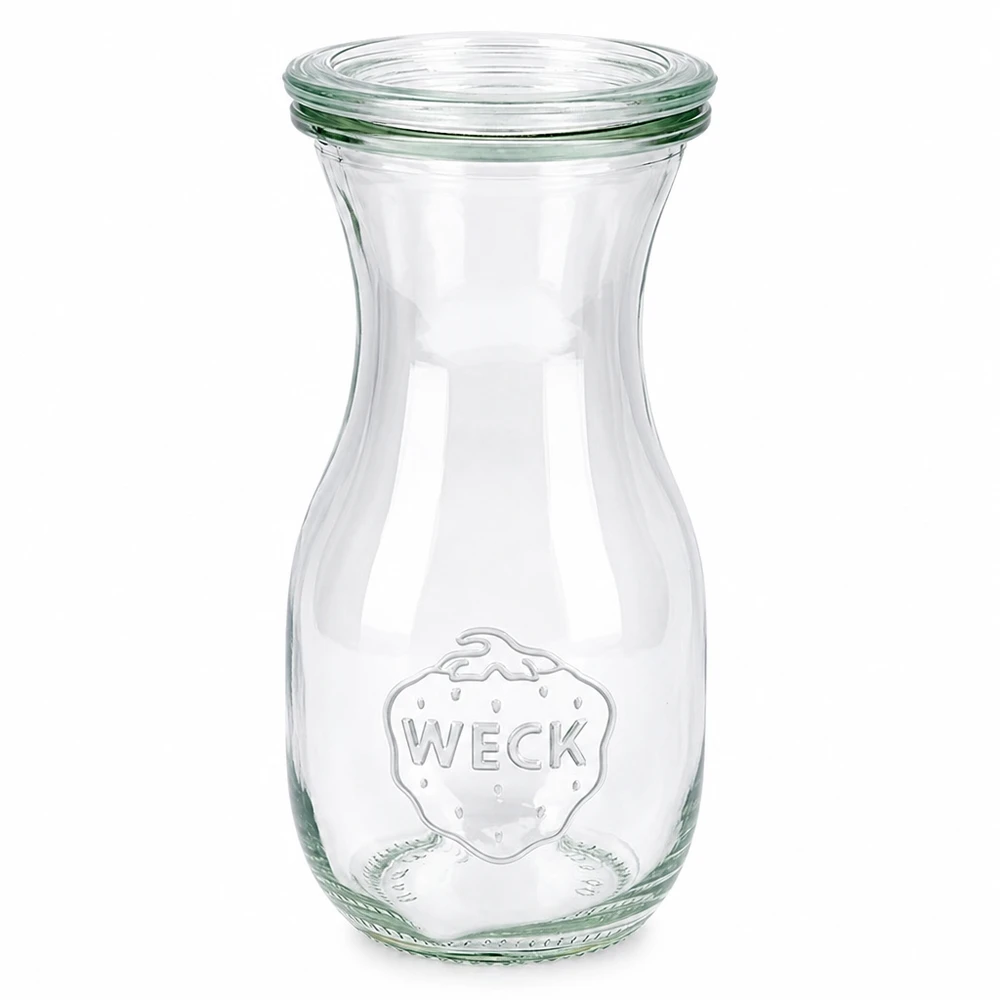 Botella para zumos de 290 ml con tapa de cristal WECK RR60 Botella de zumo WECK 290ml de cristal con tapa de cristal RR60 transparente con logotipo Weck para zumos y bebidas