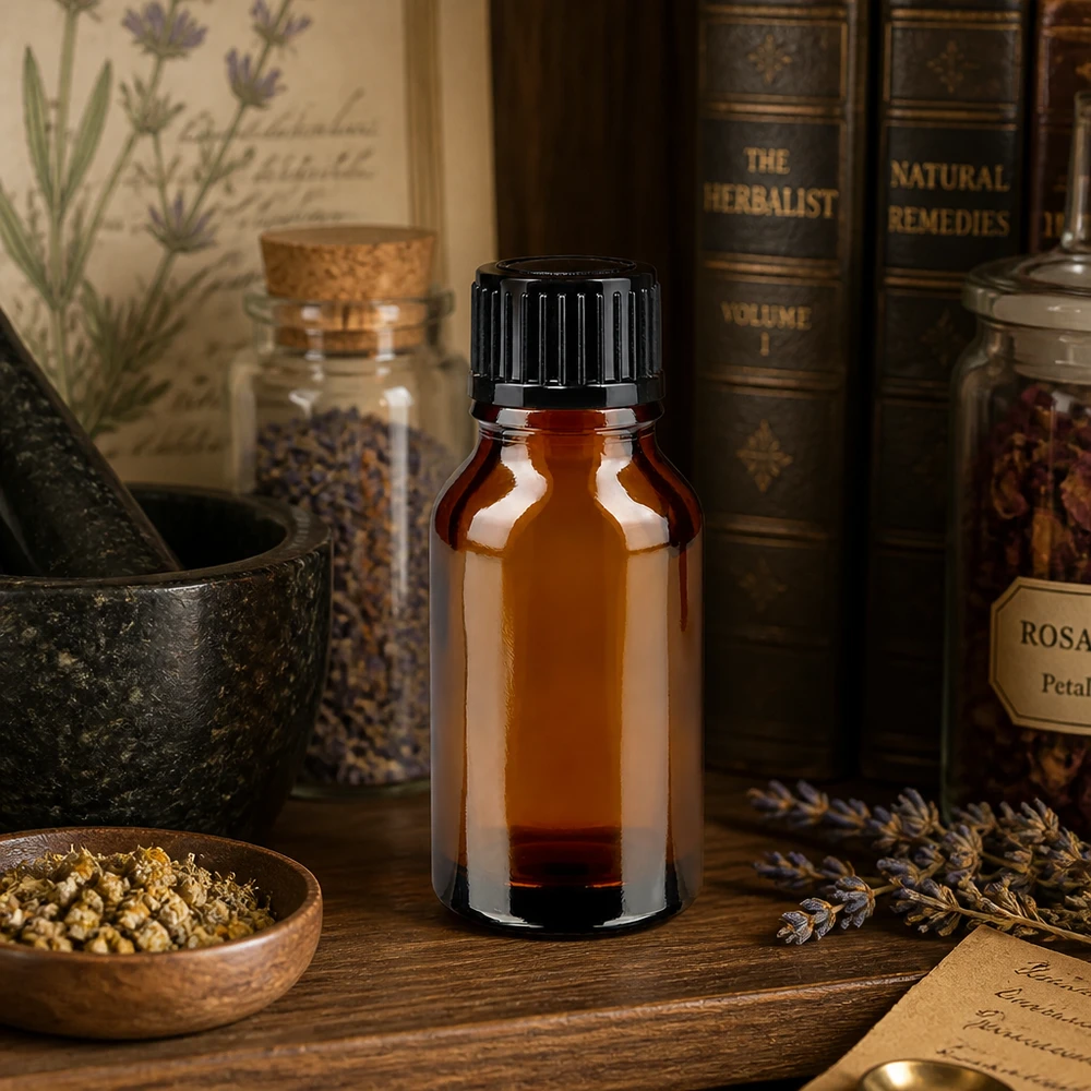 Frasco opaco de 15 ml, de color marrón, con tapón cuentagotas, sobre una mesa de madera entre hierbas y libros