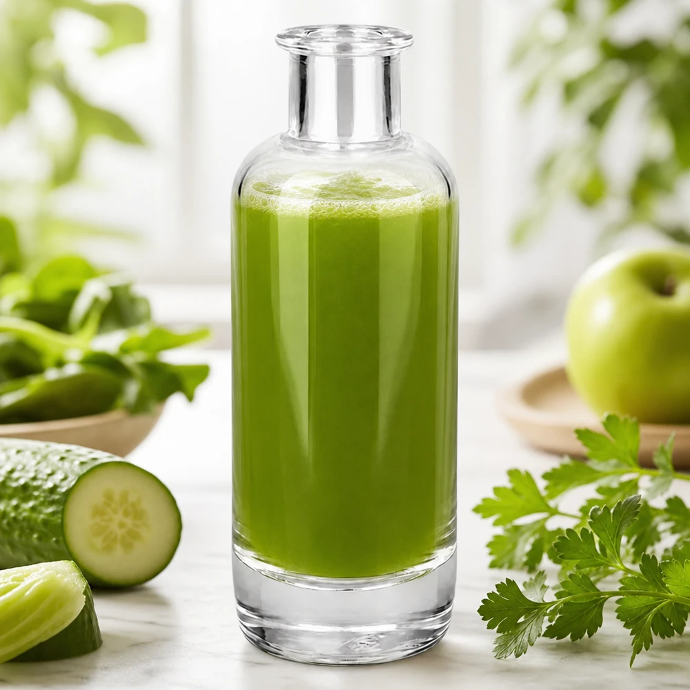 Frasco de farmacia Ella de 200 ml lleno de batido verde muestra aplicación para bebidas y cosméticos