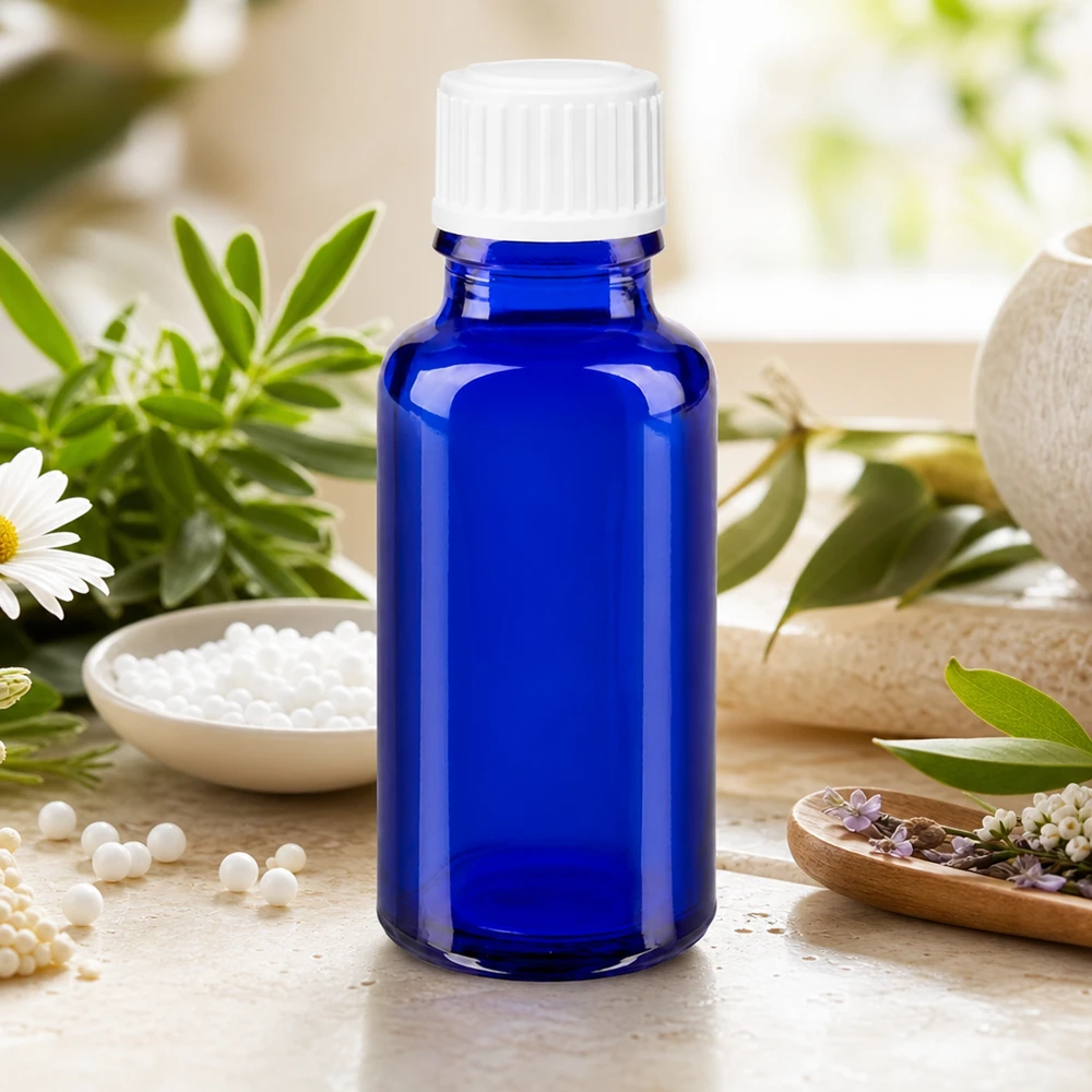 Pequeño frasco de glóbulos de 20 ml, de cristal de farmacia azul cobalto con tapón estándar blanco