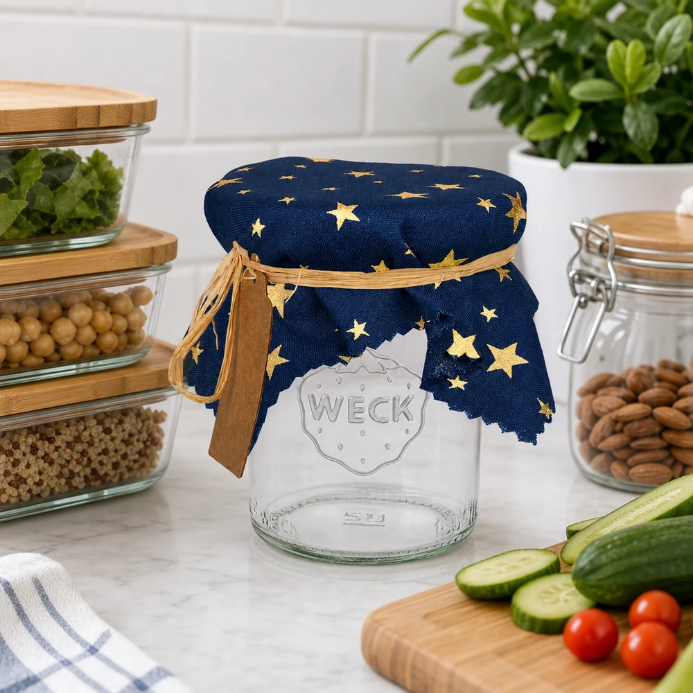 Felpilla de tela con decoración de estrellas sobre tarro de almacenaje junto a utensilios de cocina y verduras - felpilla azul 15cm